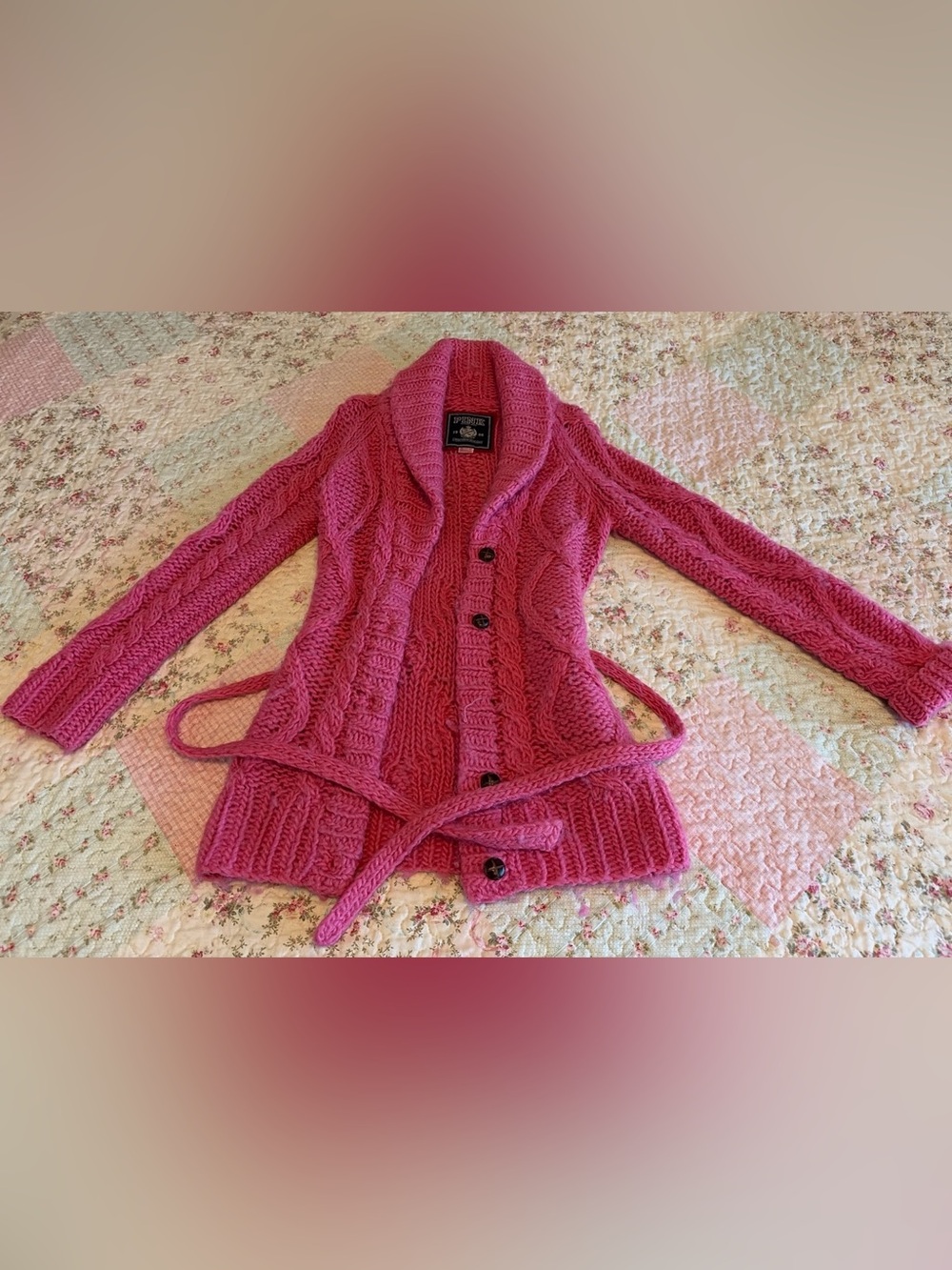 PINK Victoria's Secret Bright Fuchsia Cable Knit Belted Cardigan